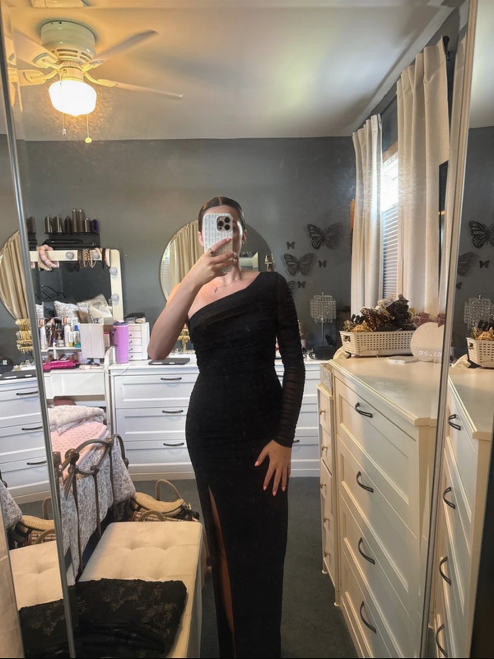 Windsor Black One-Shoulder Long Sleeve Gown with Slit